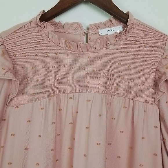 Anthropologie MINE Boho Smocked Ruffle‎ Puff Sleeve Blouse Pink Dot size L - Picture 5 of 13